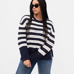 GAP 24/7 Split-Hem Crochet Sweater in White and Navy Blue Stripe